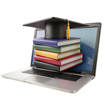 E learning and knowledge acquisition tools featuring a laptop, colorful books, and a red apple symbolizing education png
