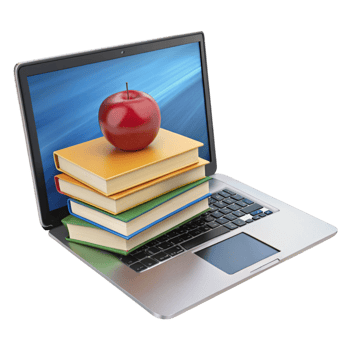 Digital education concept with laptop, stack of books, and apple representing online learning and academic growth png