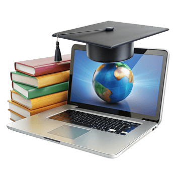 Educational technology showcasing laptop, books, and graduation hat highlighting remote learning and online studies png