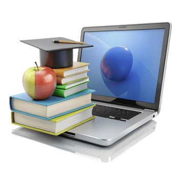 Digital learning setup with laptop computer, stacked books, and mortarboard cap for virtual academic achievements png
