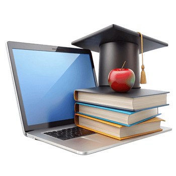 E learning tools featuring laptop, academic books, and graduation cap representing modern education and knowledge png