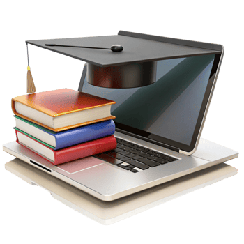Online education concept with laptop, graduation cap, and stack of books symbolizing e learning and digital education png