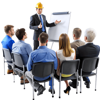 Professional workplace training session with diverse employees and manager presenting on a flip chart in office setting png