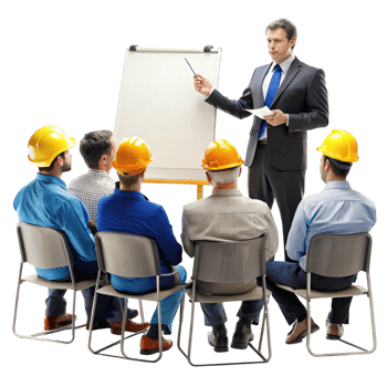 Team training and development seminar with safety emphasis, employees wearing hard hats listening to instructor png
