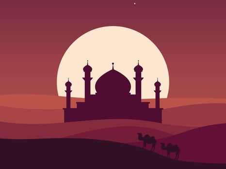 silhouette of a mosque with camels in the desert at sunset vector