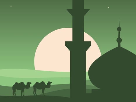 a silhouette of a mosque and camels at night vector