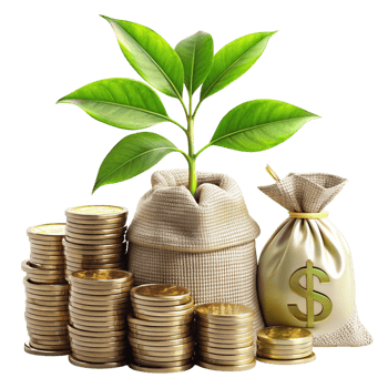 Investment Growth Representation with Gold Coins and Leafy Plant for Sustainable Financial Solutions png