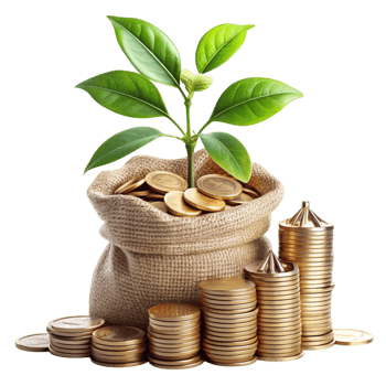 Wealth Growth Visualization with Coins, Money Bag, and a Green Plant Symbolizing Eco Friendly Investment png