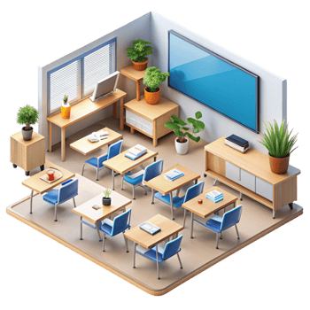 Isometric View of a Bright Educational Environment Featuring Clean Desks and Natural Lighting png