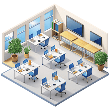 Organized Schoolroom Setup with Potted Plants, Bookshelves, and Comfortable Chairs in a Clean Setting png
