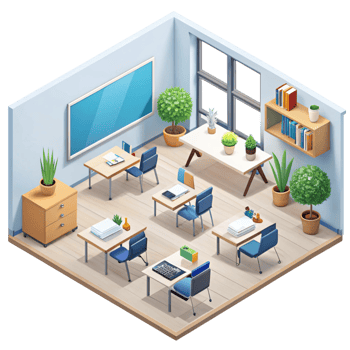 Modern Classroom Interior with Desks, Chairs, Green Plants, and Learning Materials on a Transparent Background png