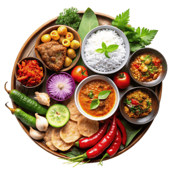Variety of Authentic Dishes and Ingredients Showcased in a Vibrant Circular Food Arrangement png