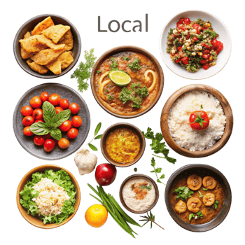Colorful Presentation of Fresh Local Foods, including Rice, Vegetables, and Traditional Recipes png