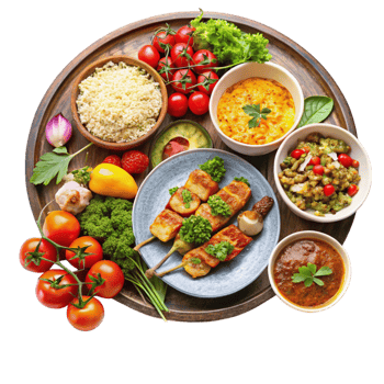 Traditional Local Cuisine Platter with Fresh Vegetables, Spices, and Sauces on a Transparent Background png