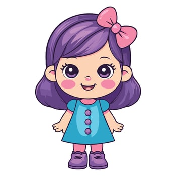 Cute Cartoon Girl with Purple Hair and Pink Bow on white background vector