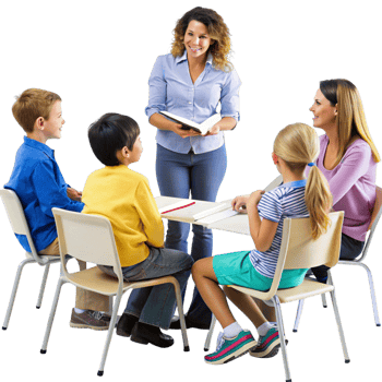 Parent teacher conference with engaged discussion and attentive children in a collaborative learning environment png