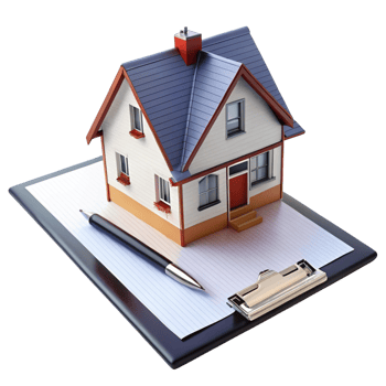 Real estate concept featuring a miniature house with clipboard and pen representing property evaluation and documentation png