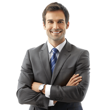 Professional real estate broker in formal suit standing confidently with a house model in the background png