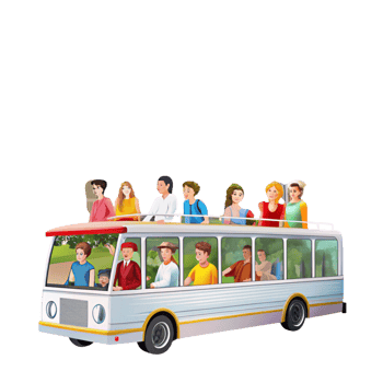 Eye catching representation of iconic landmarks and travel, featuring a bus for sightseeing tours and cultural journeys png
