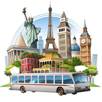 Vibrant illustration of global monuments and a sightseeing bus symbolizing international travel and adventure png