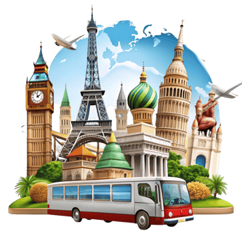 Comprehensive collection of famous world landmarks with a sightseeing bus, ideal for travel and tourism concepts png