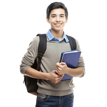 Confident high school student carrying books and smiling brightly, isolated on Transparent Background png