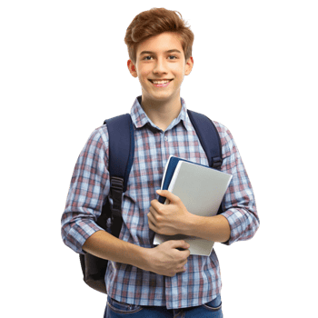 Happy teenage student holding notebooks and wearing a backpack, ready for school or study activities png