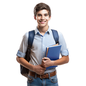Smiling male student with books and backpack isolated on a Transparent Background, symbolizing education and learning png