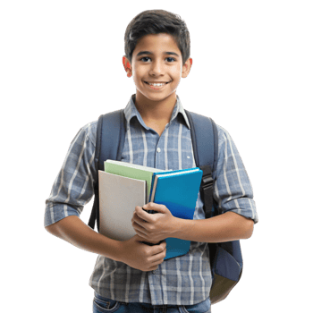 Portrait of a young male student with books and backpack, representing education and academic success png