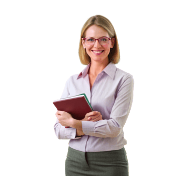 Professional educator holding teaching materials in a classroom with a chalkboard, ideal for education and learning themes png