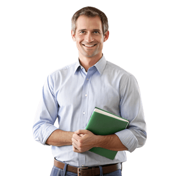 Male educator in a classroom setting with a chalkboard background, holding a notebook and exuding a positive demeanor png