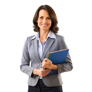 Smiling teacher standing confidently in front of a chalkboard, holding books, representing education and professionalism png