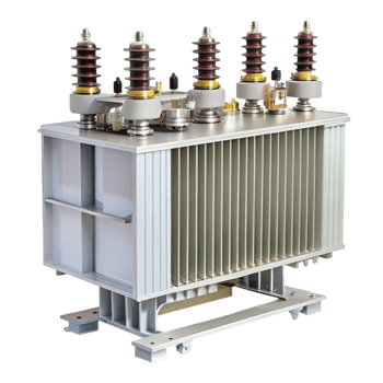High voltage power transformer with detailed components, cooling structure, and insulators, used in electrical grids png