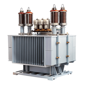 Industrial power transformer isolated on white, showcasing its high voltage design, coils, and cooling fins for energy distribution png