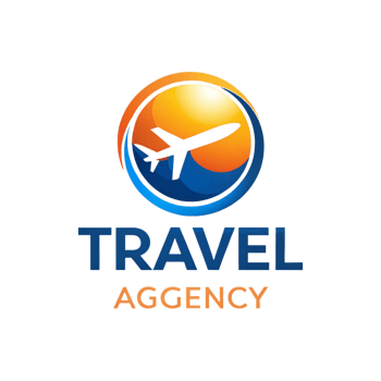 Travel agency branding logo showcasing an airplane in motion with dynamic swooshes and colorful design elements png