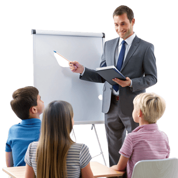 Engaging teacher leading an educational discussion with a small group of students, utilizing a whiteboard png