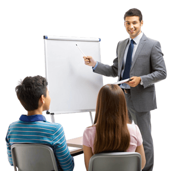 Male teacher in a formal suit explaining concepts to students using a flip chart in a modern learning environment png