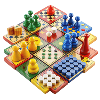 Variety of family friendly board games with colorful pawns and creative layouts for all ages png