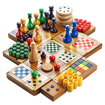 Diverse board games with strategic pieces and vibrant designs on a reflective surface png