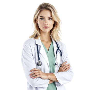 A beautiful blonde woman in a doctor's coat png