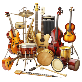 Group of various musical instruments emphasizing creativity, sound, and artistic expression on a bright background png