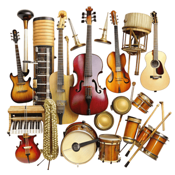 Vibrant and detailed musical instruments featuring guitars, violins, drums, and saxophones displayed together png