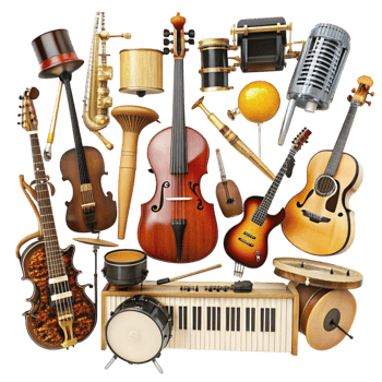 Assortment of classical and modern musical instruments arranged in a studio setting on a clean white surface png