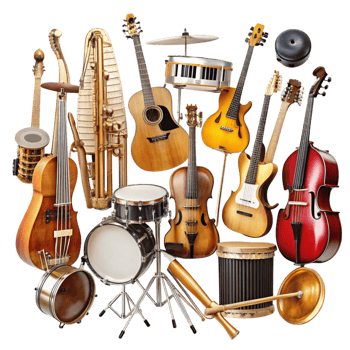 Diverse collection of musical instruments including strings, percussion, and wind displayed on a Transparent Background png