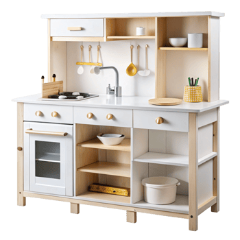 Compact play kitchen for children with functional designs and vibrant elements arranged on a bright white surface png