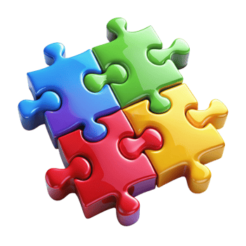 Creative arrangement of colorful puzzle pieces emphasizing teamwork, creativity, and problem solving on a white surface png