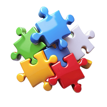 Stack of colorful interlocking puzzle pieces forming a playful composition on a clean Transparent Background png