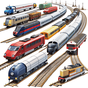 Vibrant display of model trains with diverse designs and layouts presented on railway tracks against a clean backdrop png