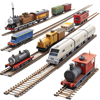 Variety of model trains on parallel tracks with diverse locomotive styles and designs on a Transparent Background png