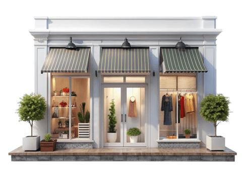 Fashion boutique with stylish window displays, modern exterior design, and decorative storefront elements png